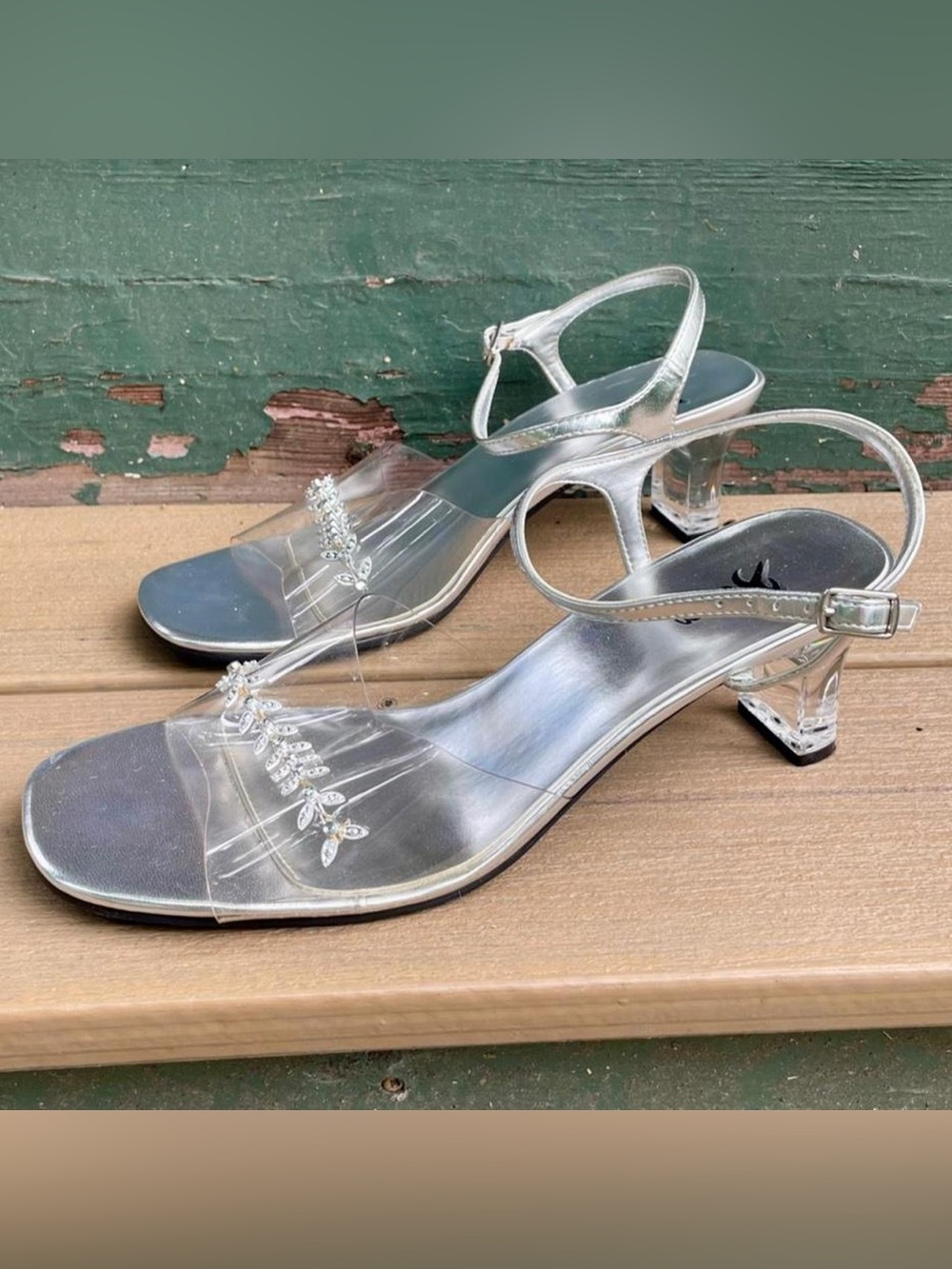Y2K Silver Clear Strap Mid-Heel Sandals with Crystal Detail